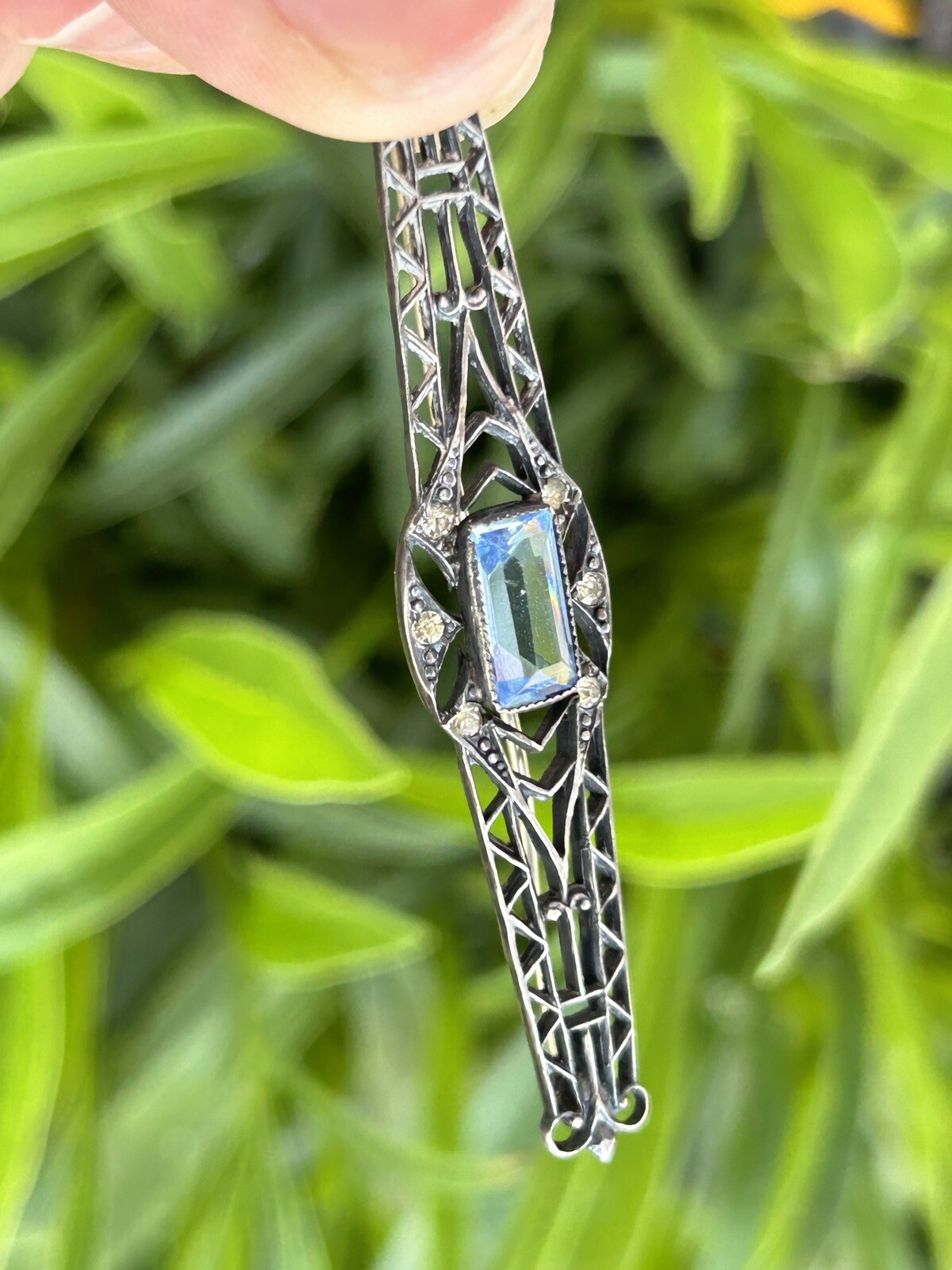 Antique Sterling Silver ART DECO Open Work Bar Brooch Blue Iolite ? & Glass