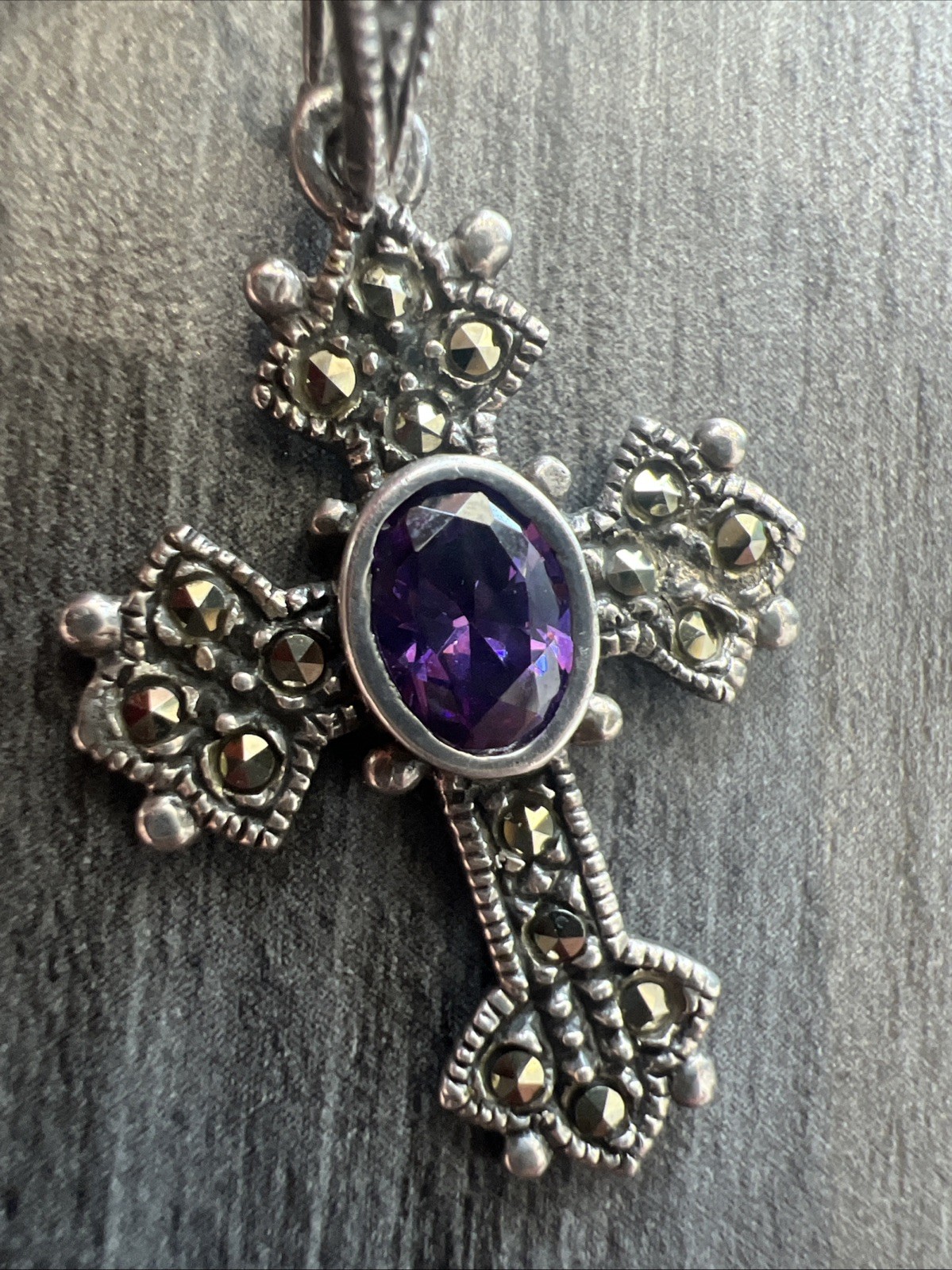 Vintage Signed CW Sterling Silver 925 Amethyst Marcasite Cross Pendant Necklace