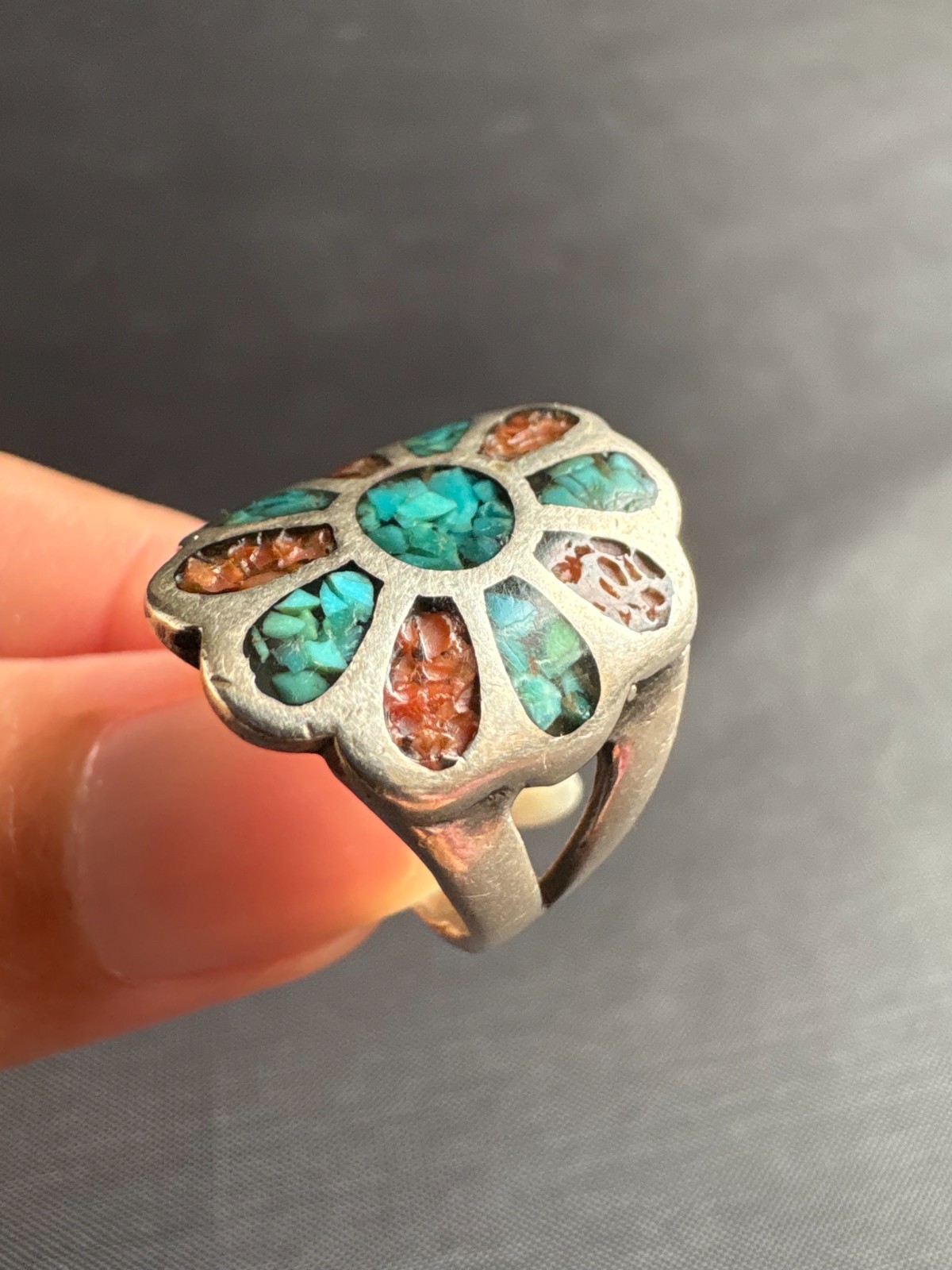 Vintage Silver Native American Turquoise & Coral Chip Inlay Ring Size 6.5 US