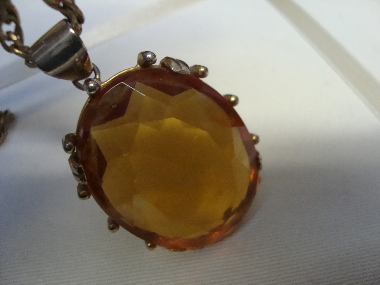 ANTIQUE CUSHION CUT CZECH GLASS PENDANT & CHAIN – FACETED TRANSPARENT TOPAZ