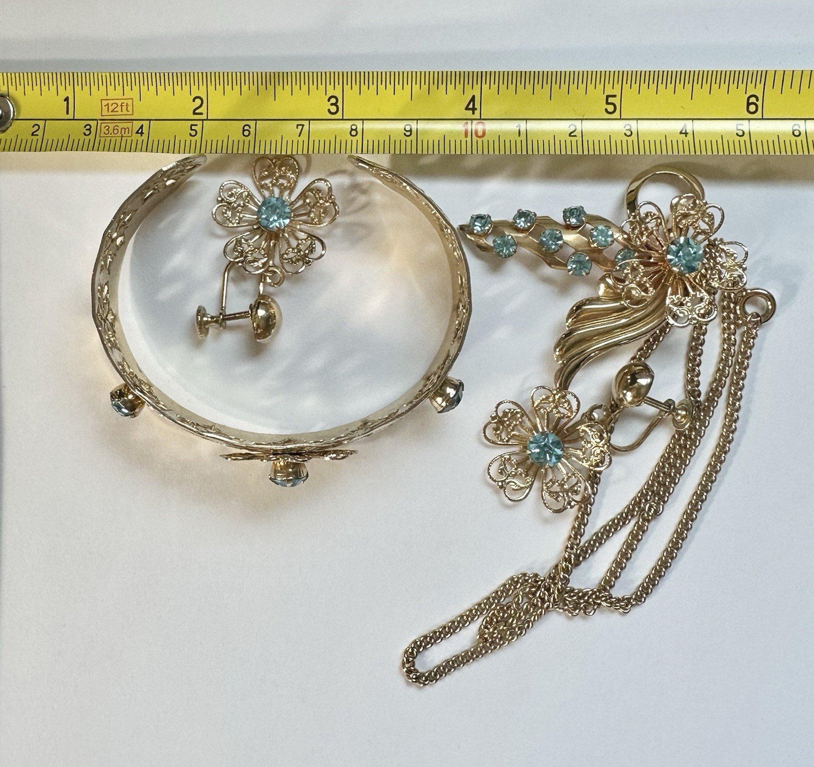 Vintage Set Rhinestone Brooch Pendant Blue Glass Prong Cuff Chain Clip Earrings