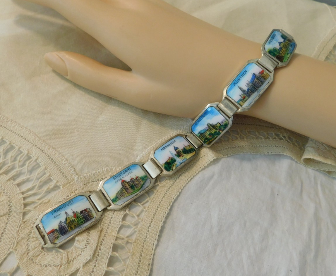 German Vintage Souvenir Panel Travel Bracelet Silver Enamel Munchen Frankfurt