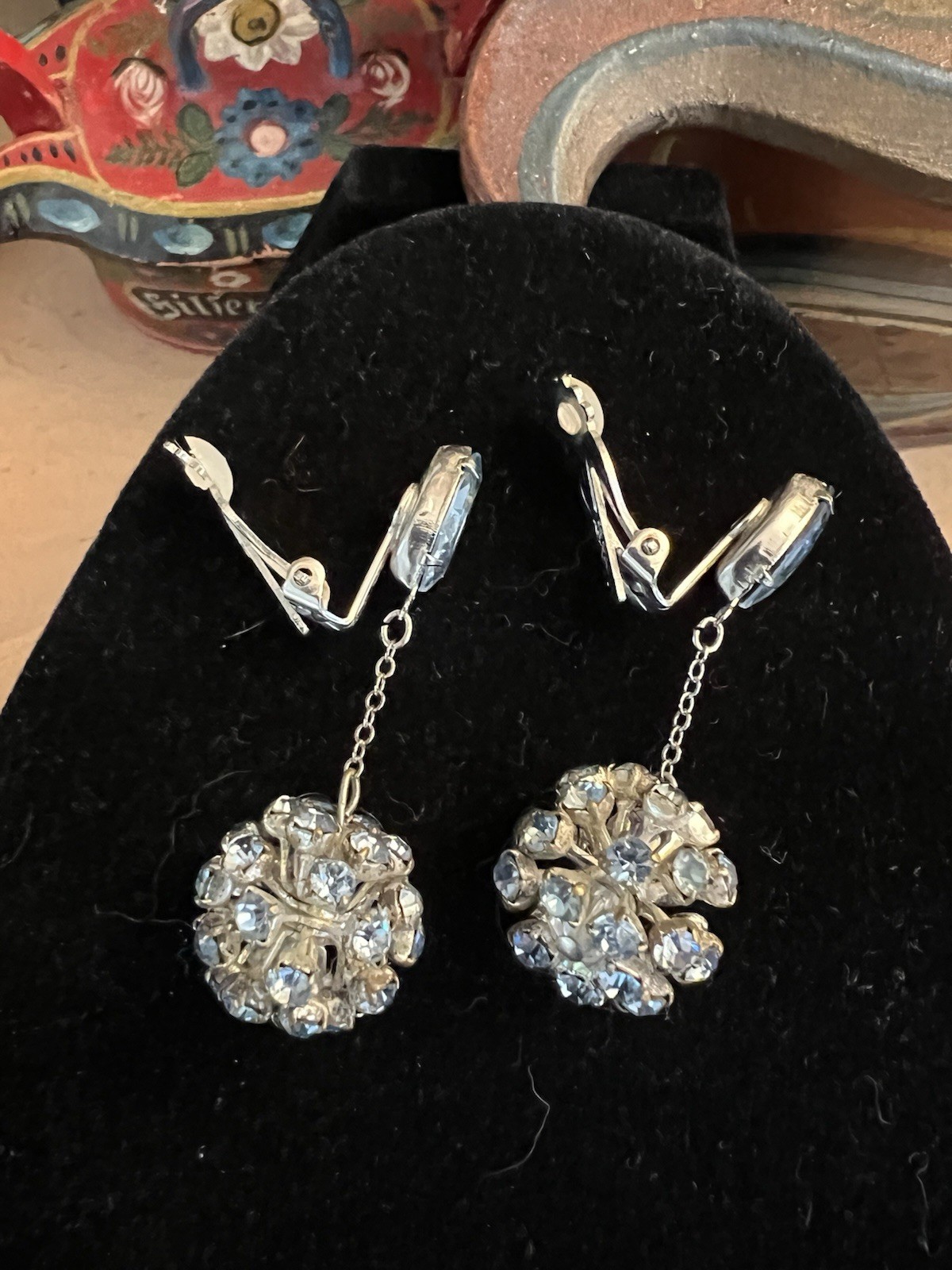 Vintage La Roco Blue Rhinestone Dangle Clip On Earrings, Silver Toned, Signed!
