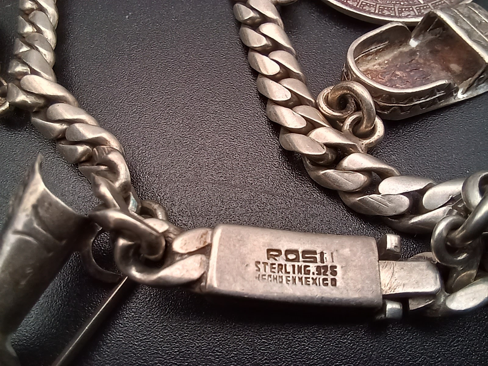 Vtg ROSI Mexican Sterling Silver Charm Bracelet 44g Aztec Calendar Sombrero 925