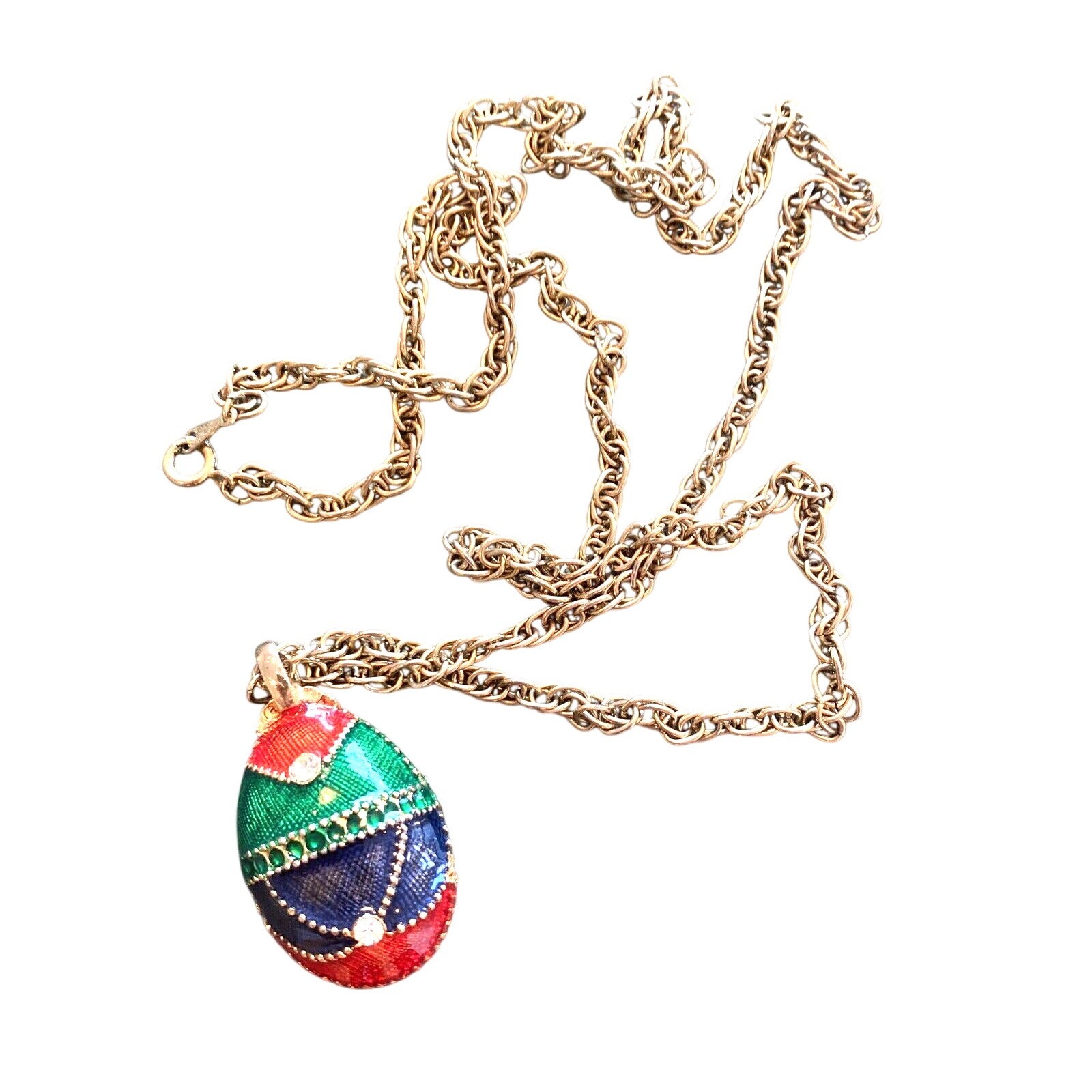 Vintage Chain Necklace Egg Shaped Pendant Unique Gold & Colored Enamel Finish