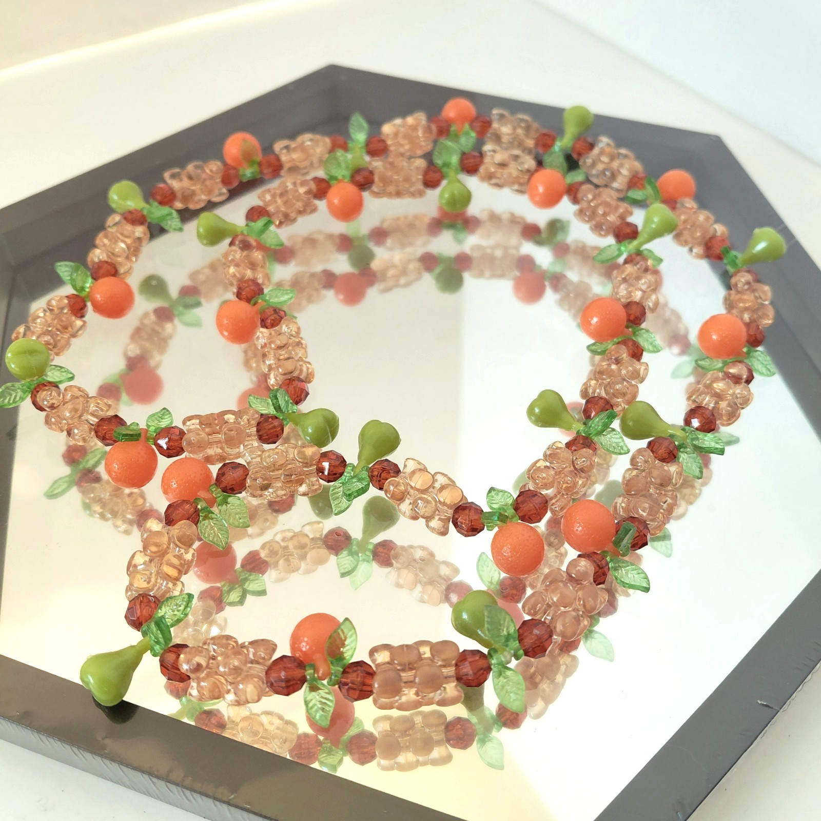 VTG FRUIT SALAD Lucite Glass Crystal Necklace Tutti-Frutti 32″ 1950s estate find