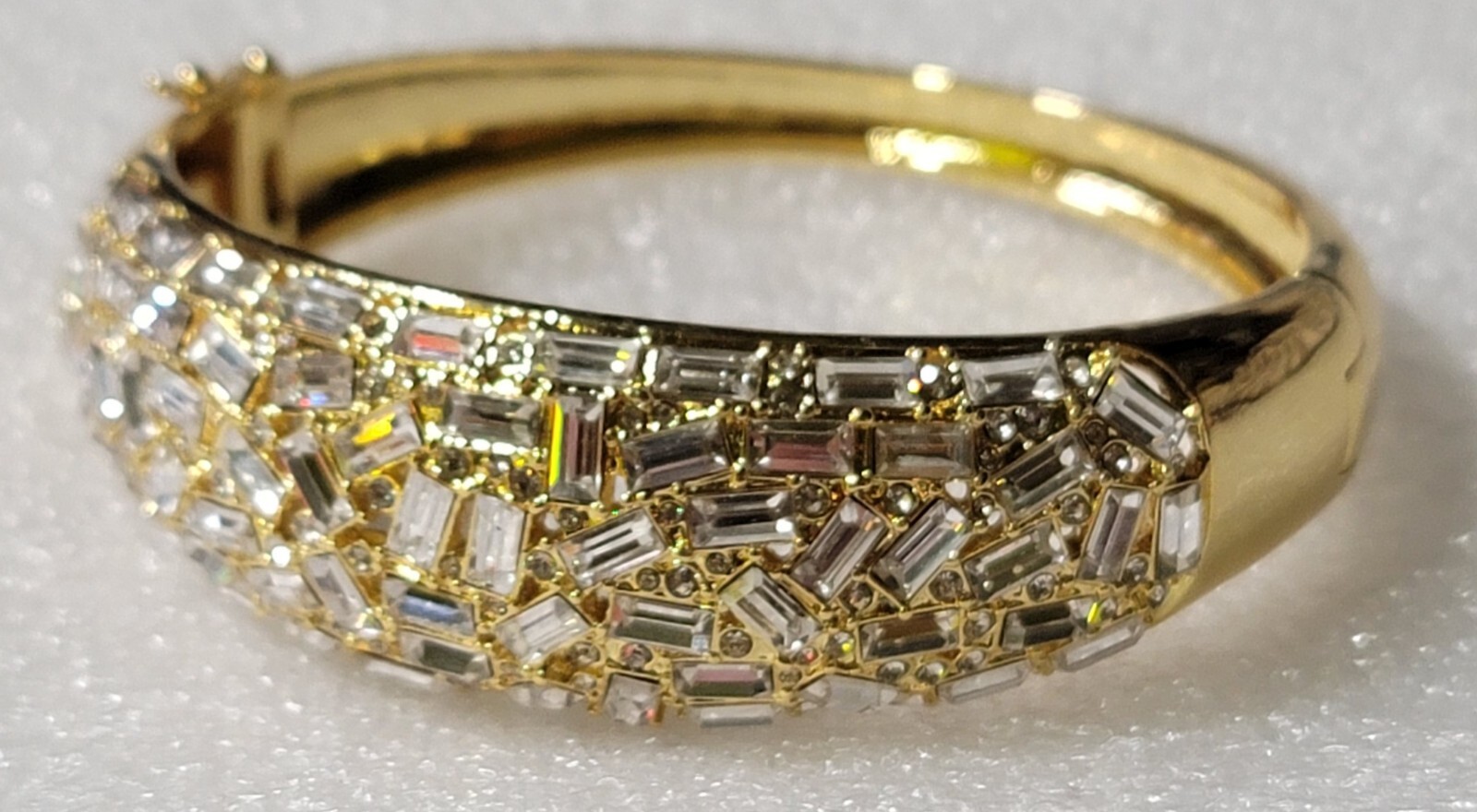 Vintage Mosaic Style Clear Rhinestones Hinged Chunky Cuff Locking Bracelet