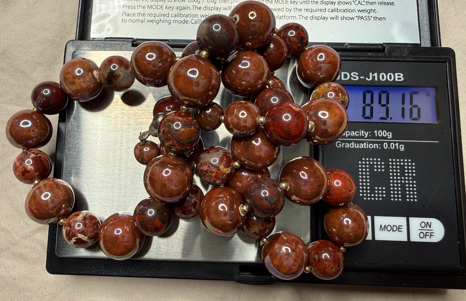 Vintage Graduated Marbled Bead Necklace Brown Red Iridescent 24” USA Pat