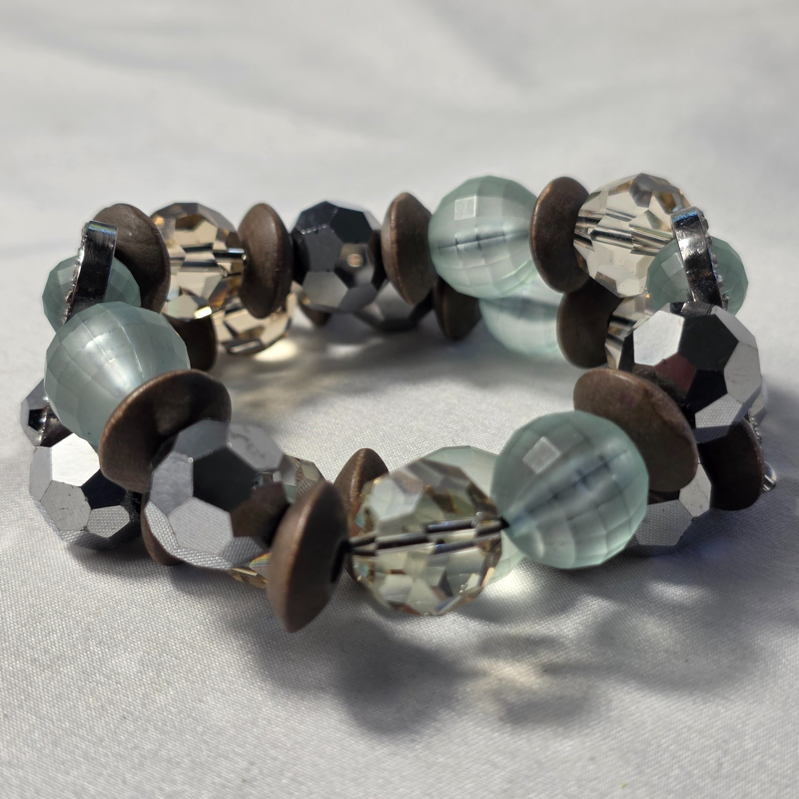 Multi-Layer Chunky Beaded Stretch Bracelet Pale Blue & Clear Faceted Beads