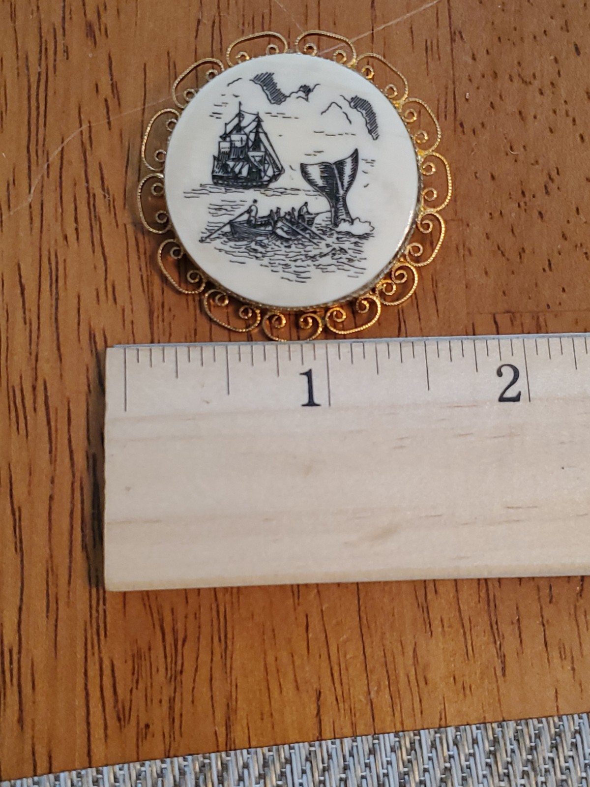Vintage Scrimshaw Style Whale and Ship Brooch Pendant Gold Tone