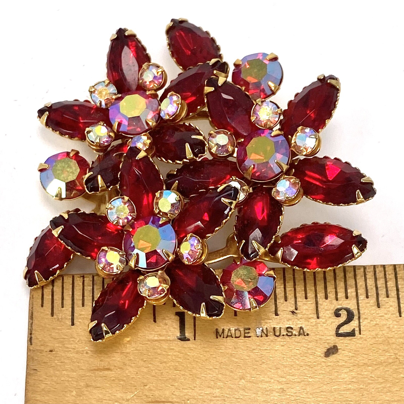Vintage Red AB Crystals Prong Set Brooch Pin