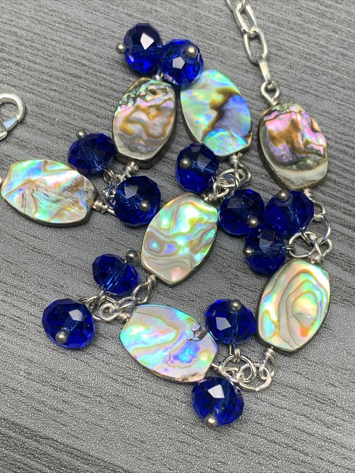Vintage Beach Ocean Theme Abalone Shell Blue Crystal Bracelet 7.5”-9”