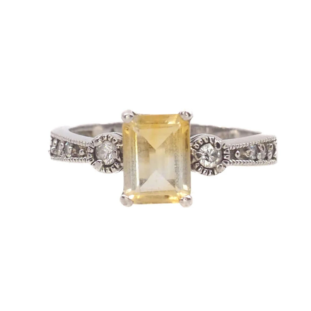 Vintage 1990s Citrine and Sterling Silver, and Cubic Zirconia Ring Size 8.25