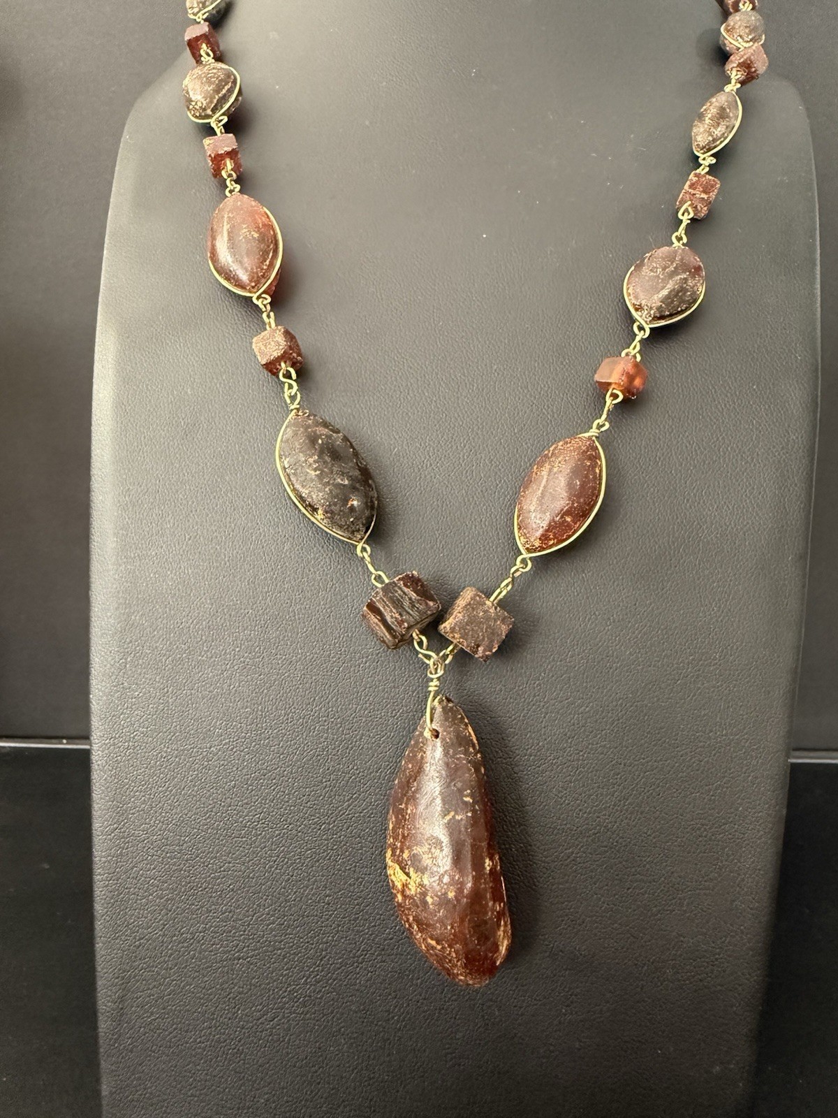 Vintage Baltic Natural Amber Necklace With Gold Hand Wire Wrapped Link Chain H9