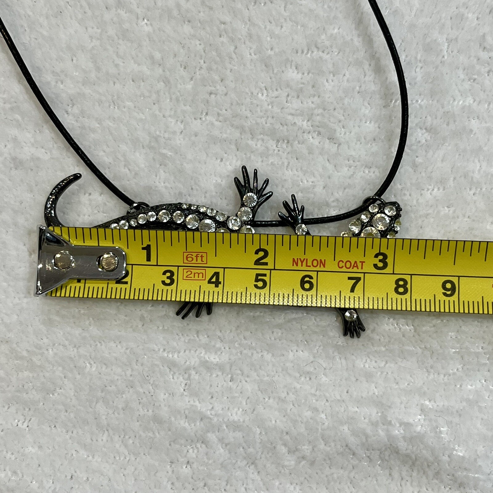 VTG Gun Metal W/Clear Rhinestones Gecko Lizard 3in Faux Leather Cord Whimsygoth