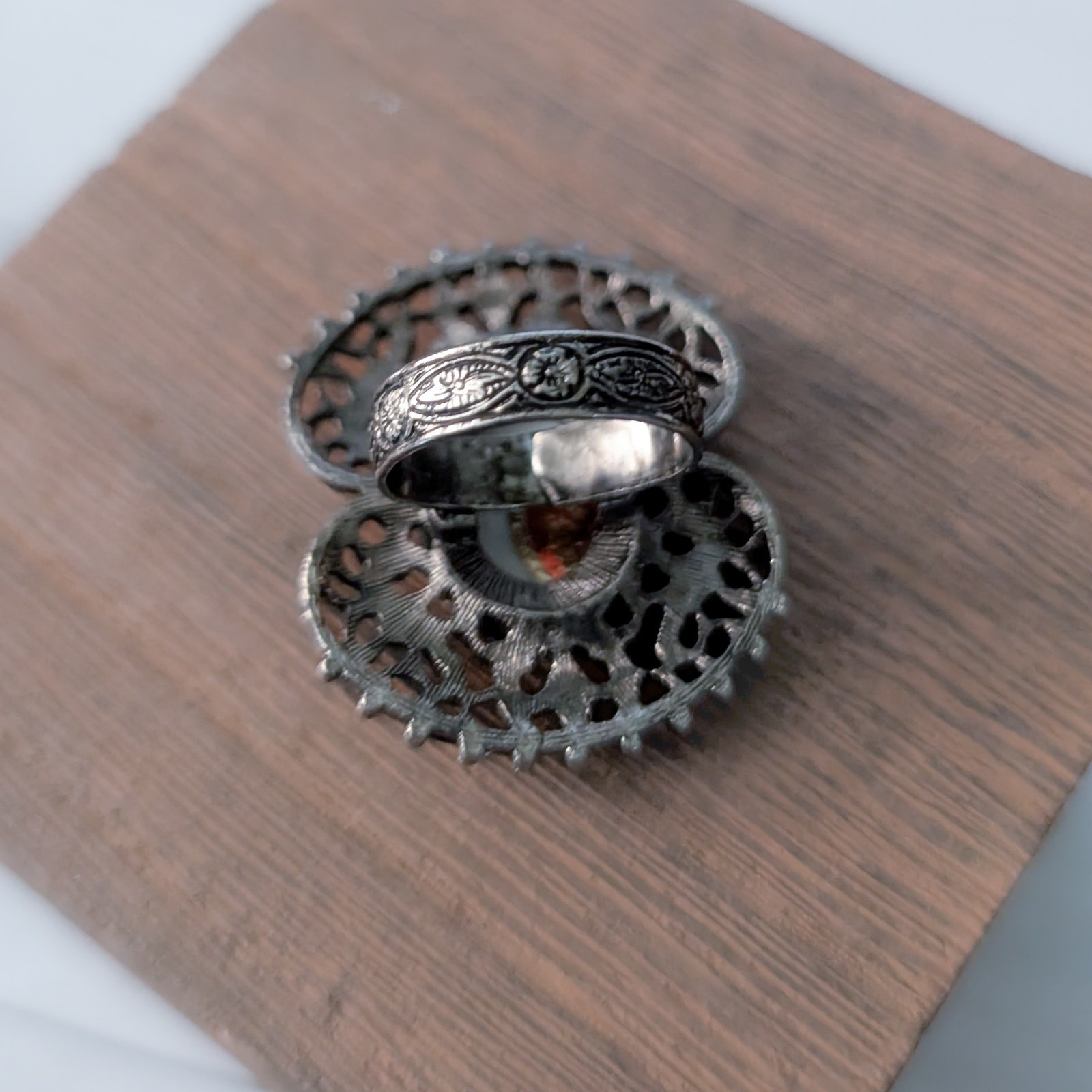 Vintage Ring Extra Large Dark Silver Tone with White Center Statement