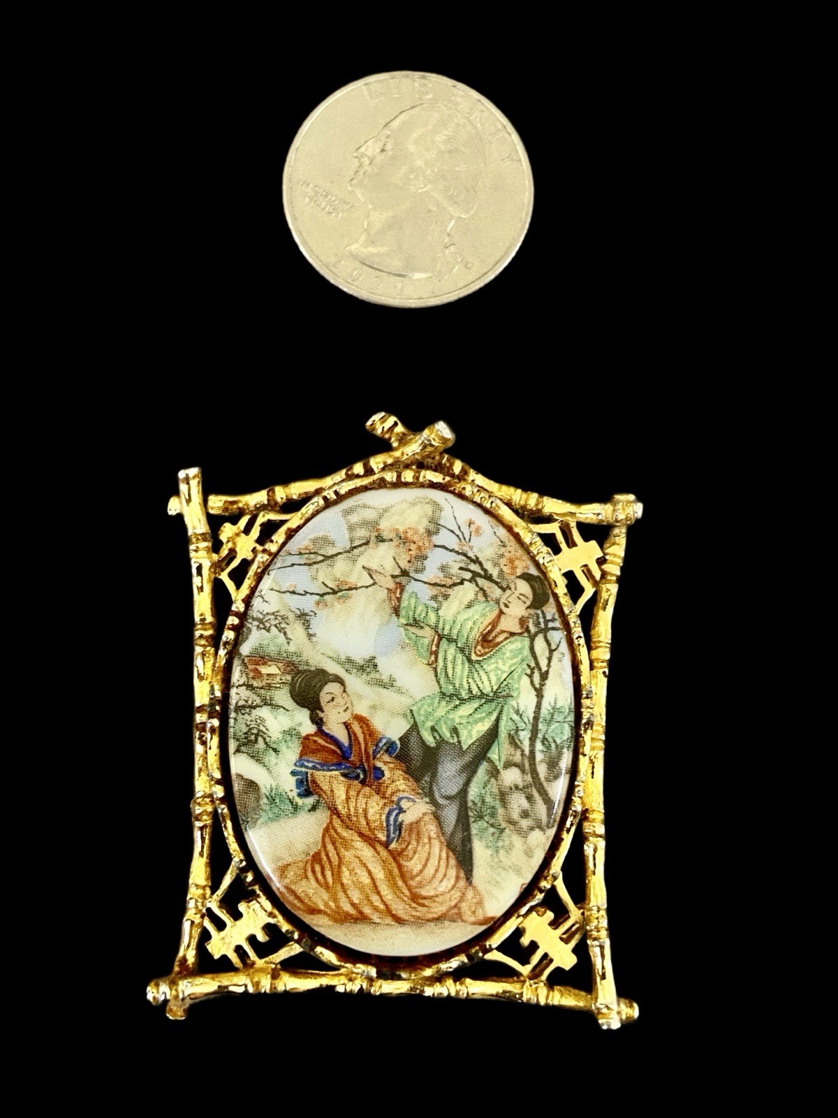 VTG Signed ART Porcelain Asian Scene Cameo Brooch In Faux Bamboo Frame~1950s