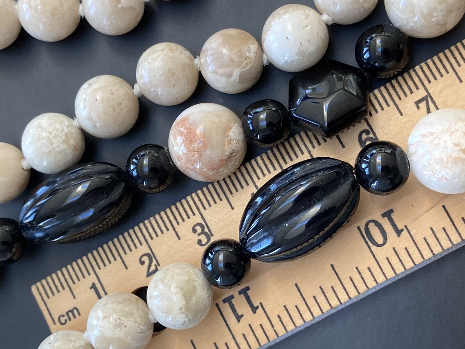 Vintage Bead Necklace Hand Knotted Gemstone Jasper Onyx Cool Stone 33″ VTG