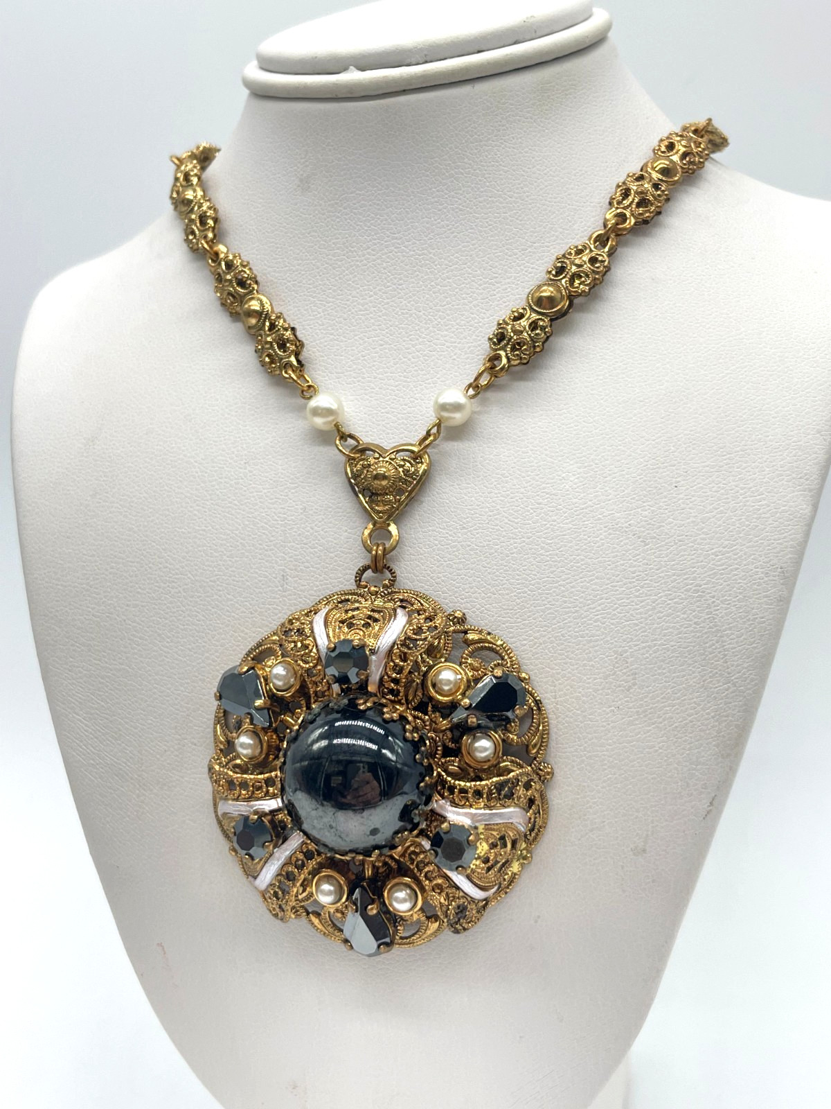 VTG W. Germany Ornate Hematite Glass Cabochon Gold tone brass filigree necklace