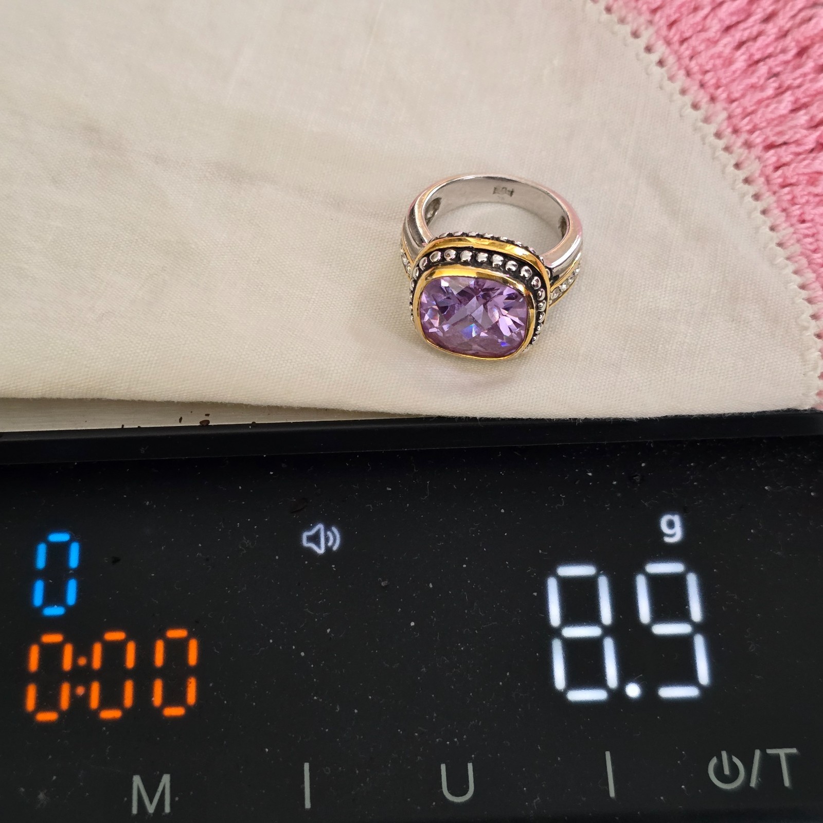 Sterling Silver Lavender CZ Ring Cushion Cut Gold Accent Halo Size 7.5 Statement