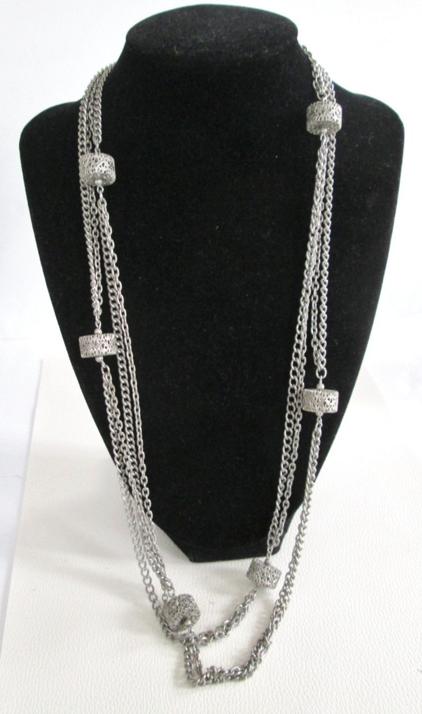 Vintage Filigree Station Charm Double Chain Necklace Long 52″ Layer Silver Tone
