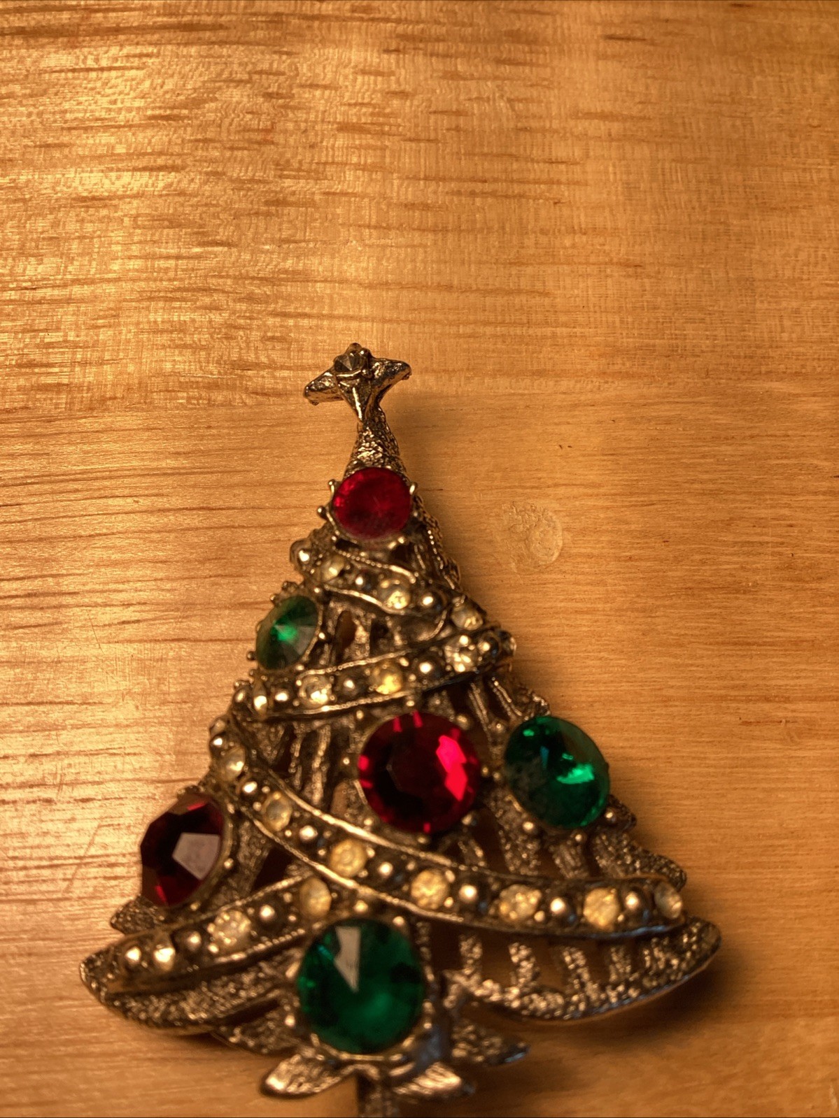 Vintage Christmas tree red green Stone brooch pin collectible jewelry