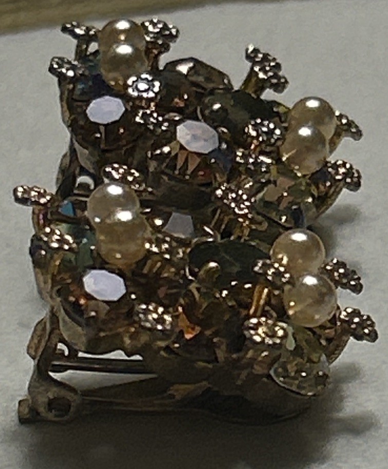 Vintage Austria Bronze Rhinestone & Pearl Cluster Earrings Clip On AB Crystal 1”