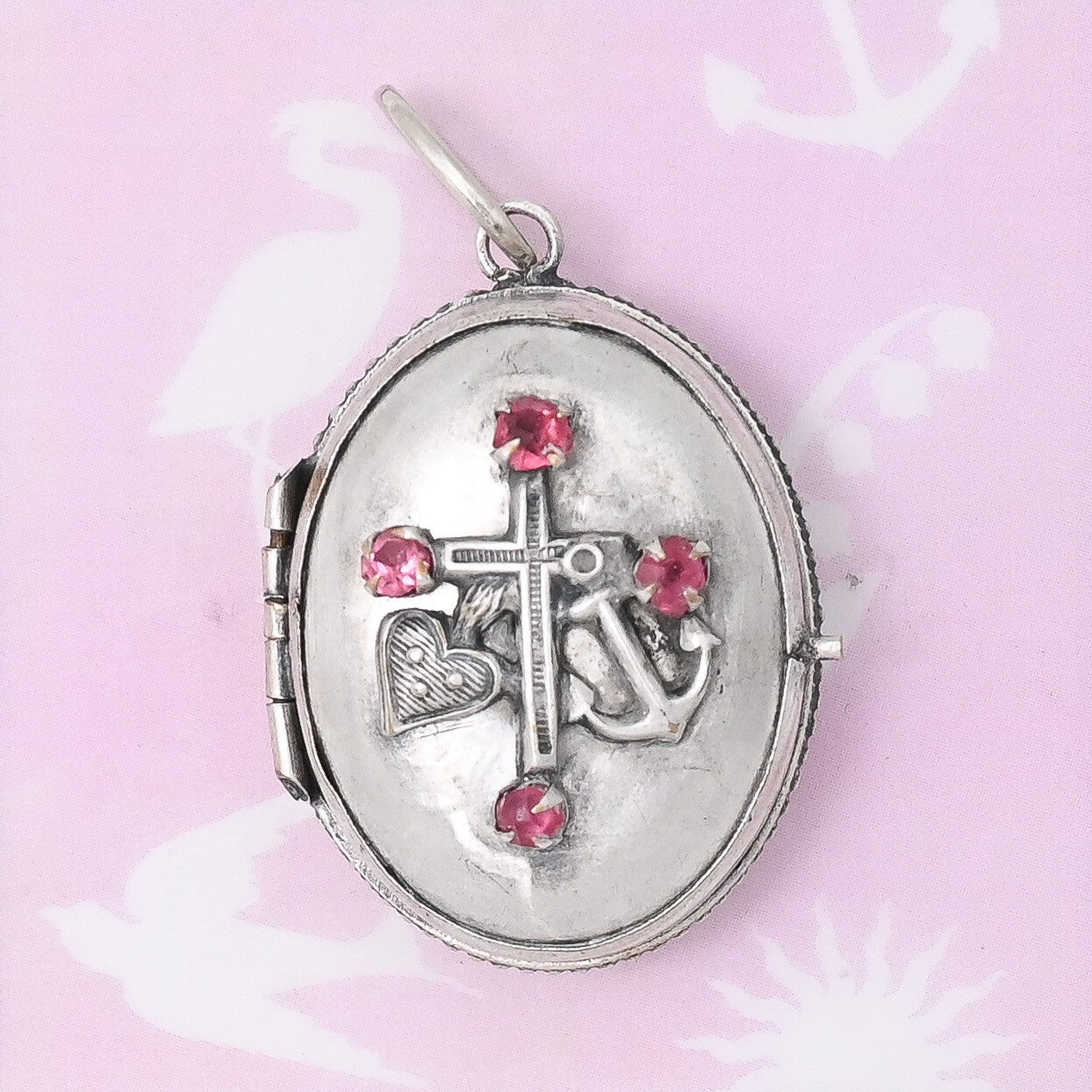 Antique Victorian Heart Cross Anchor Pink Paste Silver Puffy Pendant Locket