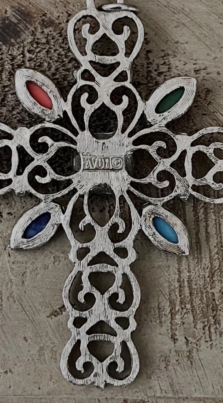 Vintage Avon Romanesque Cross 3” Pendant 1970s Silver Filigree Multicolor Stone