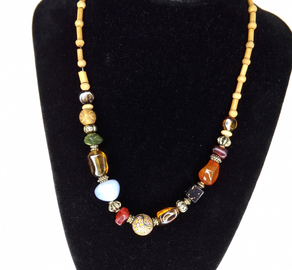 Artisan Beaded Necklace – Handcrafted with Wood, Glass, Resin & Metal Accents