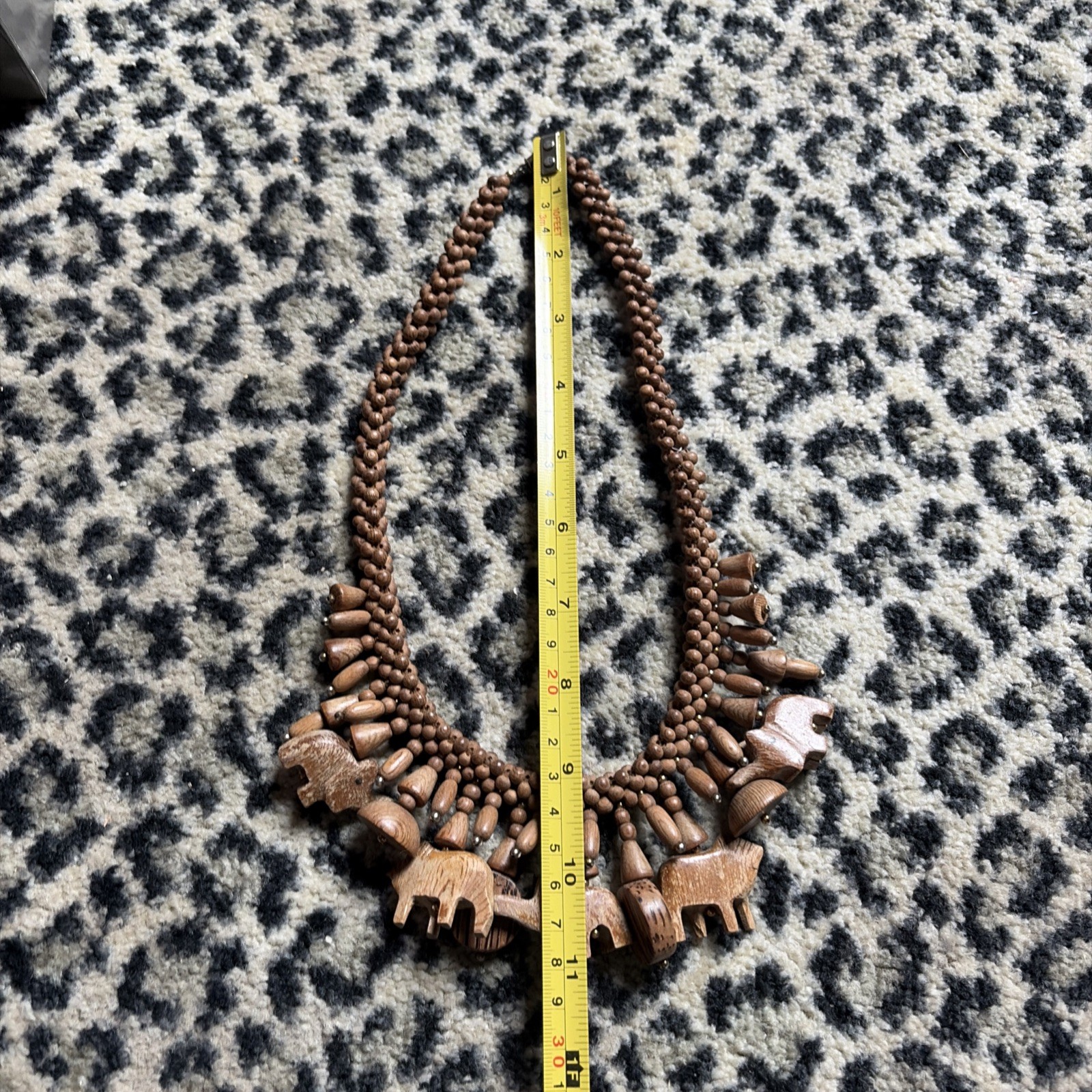 Vintage 1960s Barrel Clasp Hand Carved Wooden Animal Necklace Safari Figural