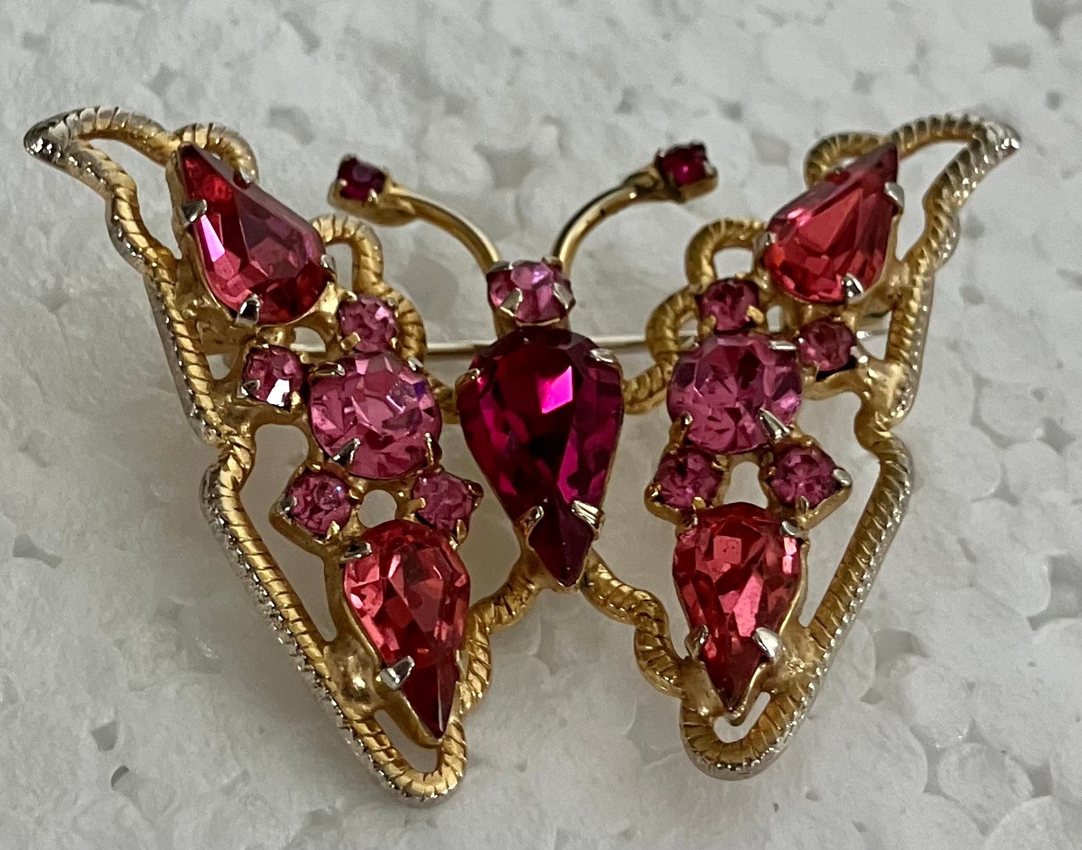 VTG WEISS Signed Gold Tone Butterfly Pin Brooch Pink Bug Estate Sale Rhinestone