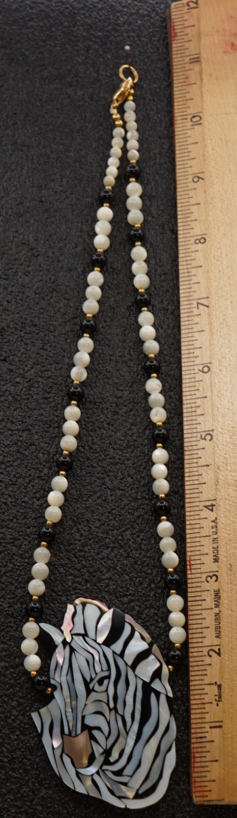 Vintage Lee Sands Safari Zebra Inlay Necklace Mother of Pearl Abalone
