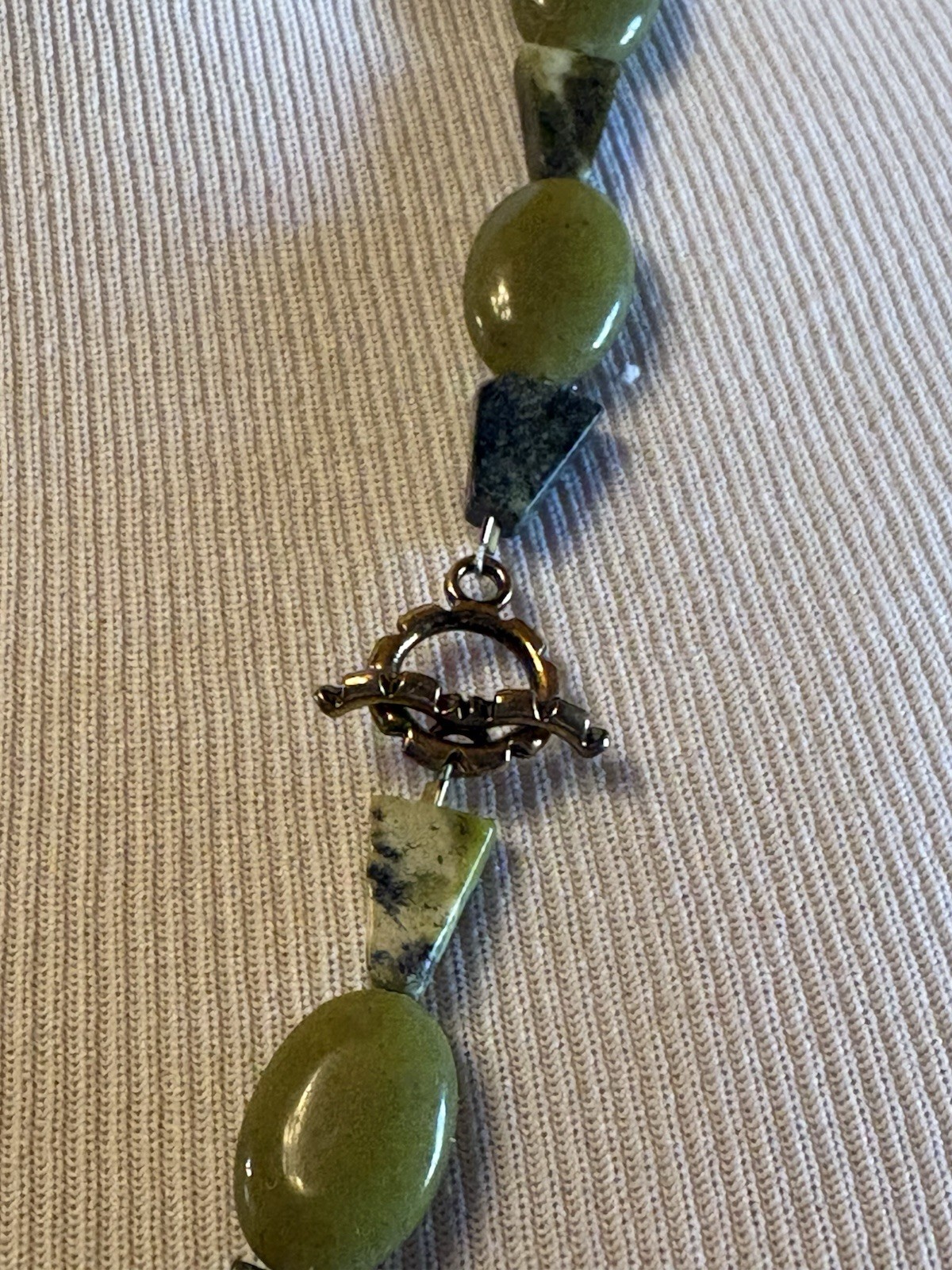 Green Serpentine All Natural Stone Necklace 26” & Triangular Stone Discs Boho