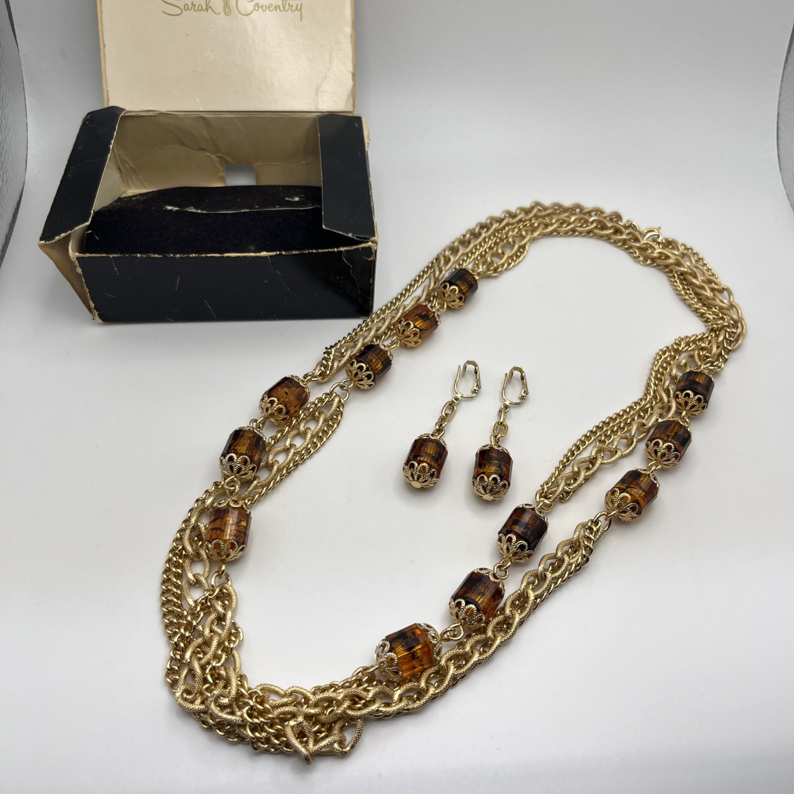 Vintage Sarah Coventry 50″ Long 3 Strand Gold Tone Necklace Barrel With Earrings