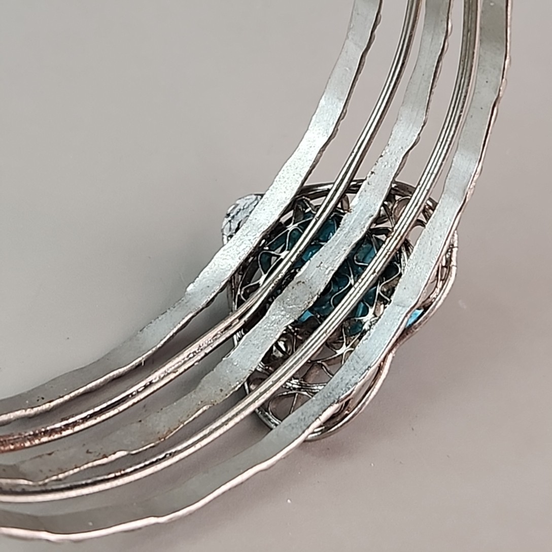 Scarab Cuff Bracelet Faience Blue Clay Wire Heart Silver Tone 7.75″