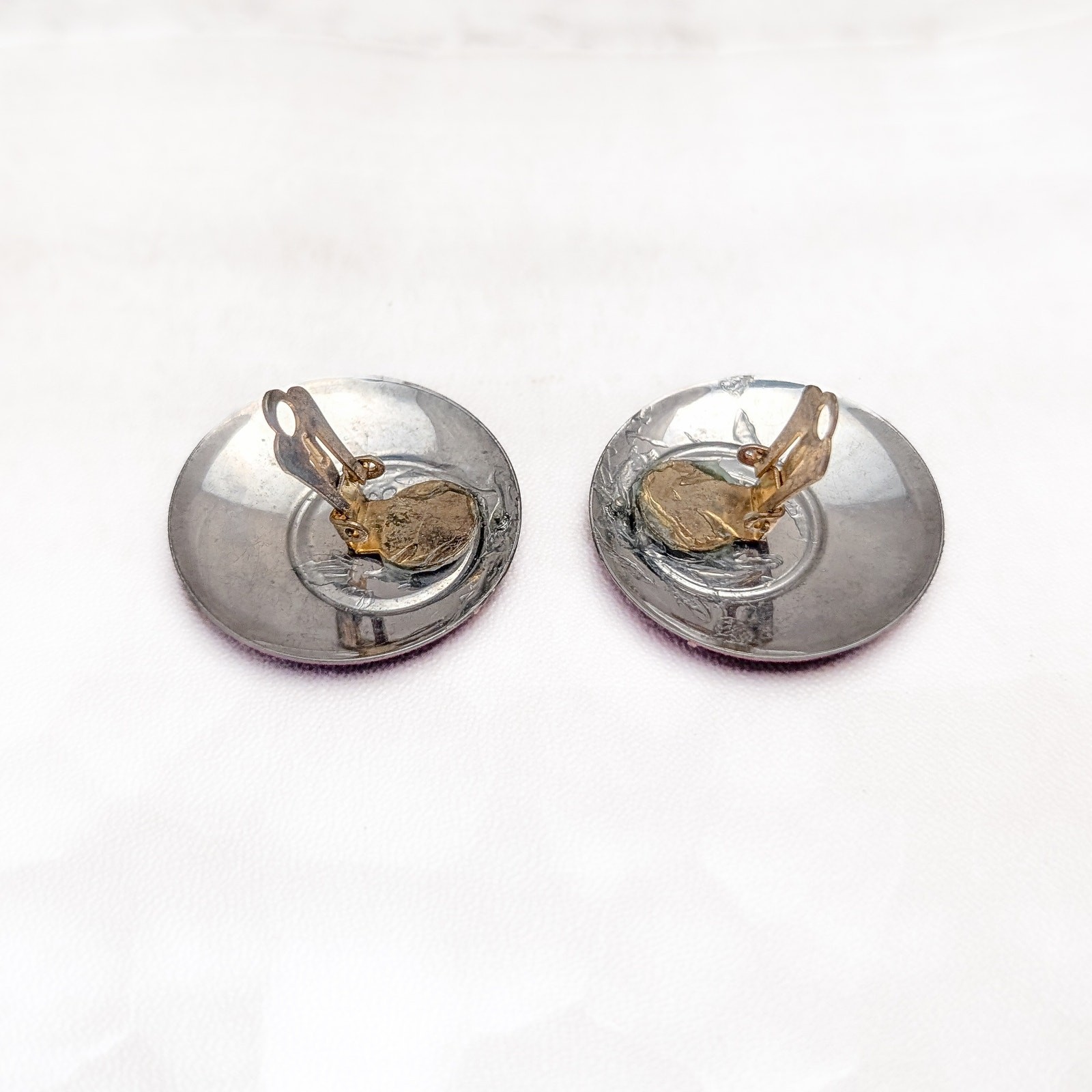 Vintage Clip On Earrings Large 1.25″ Muted Pink & Blue Contrasting Statement
