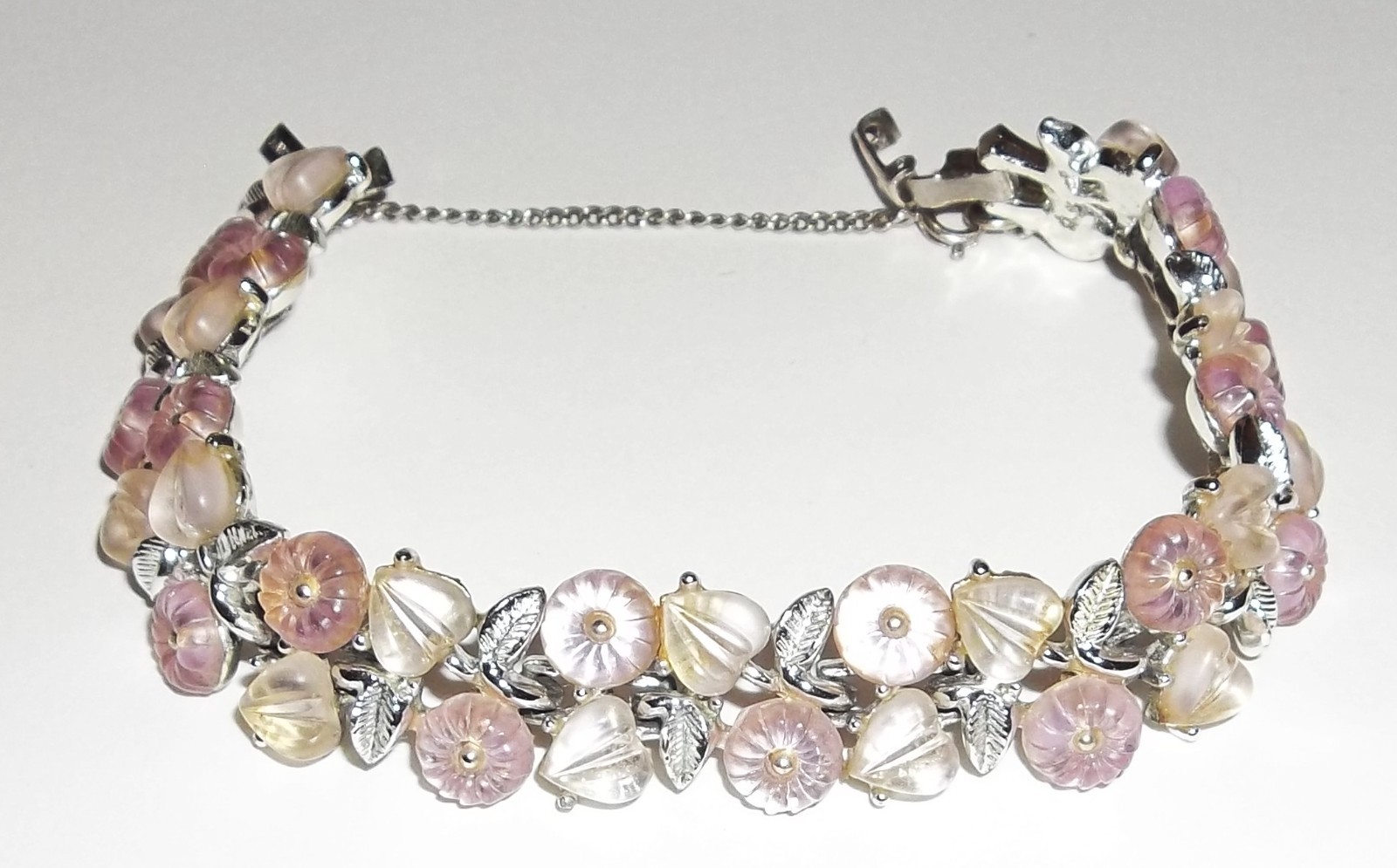 Vintage Longcraft Light Pink Off White Lucite Floral Bracelet W/ Safety Chain