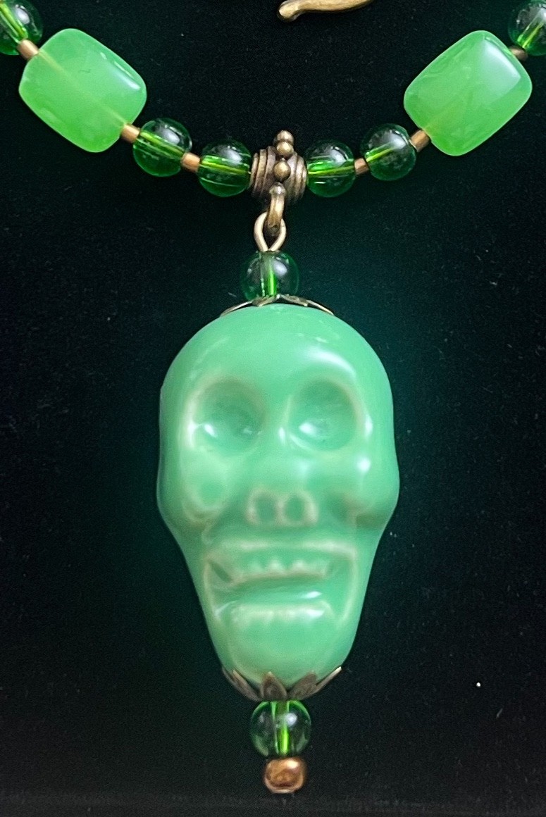 Artisan Necklace Huge Green Porcelain Skull Pendant Glass & Agate Beads