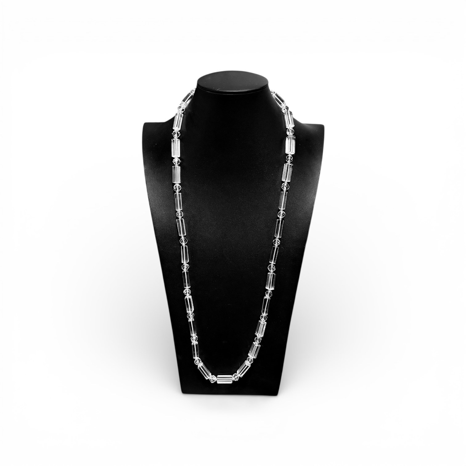 Vintage Clear Faceted Glass Bead Necklace, 34” Long, Rectangular Beads, Opera