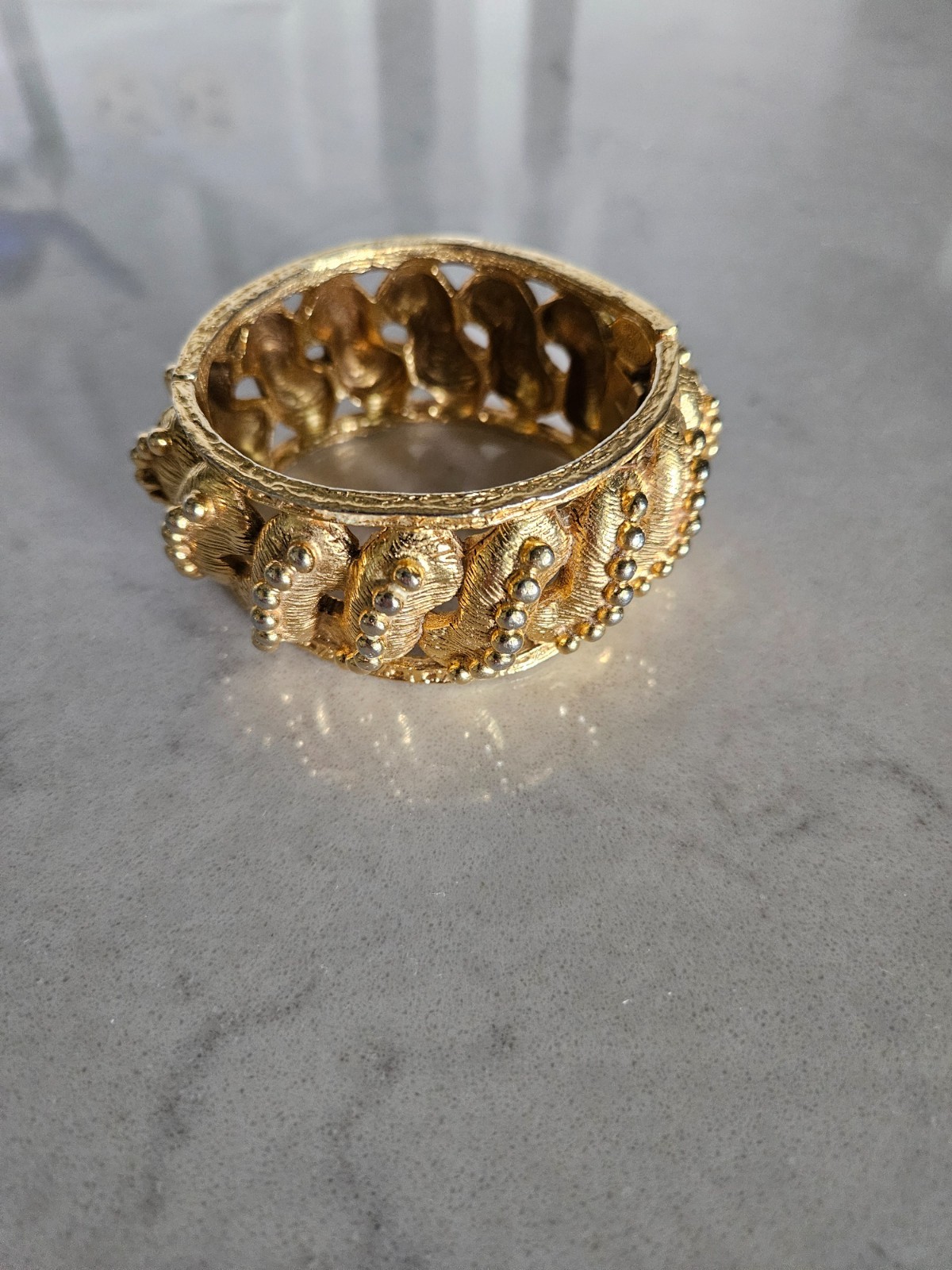 RARE AND VINTAGE KENNETH LANE GOLD BEADED SWIRLS HINGED CUFF BRACELET