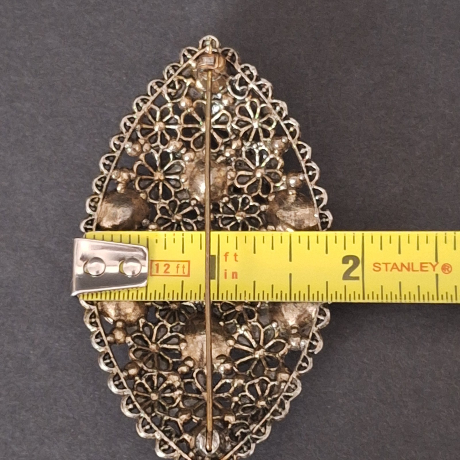 New England Glass Works Brooch Silver Tone Floral Filigree Czech Rhinestones VTG