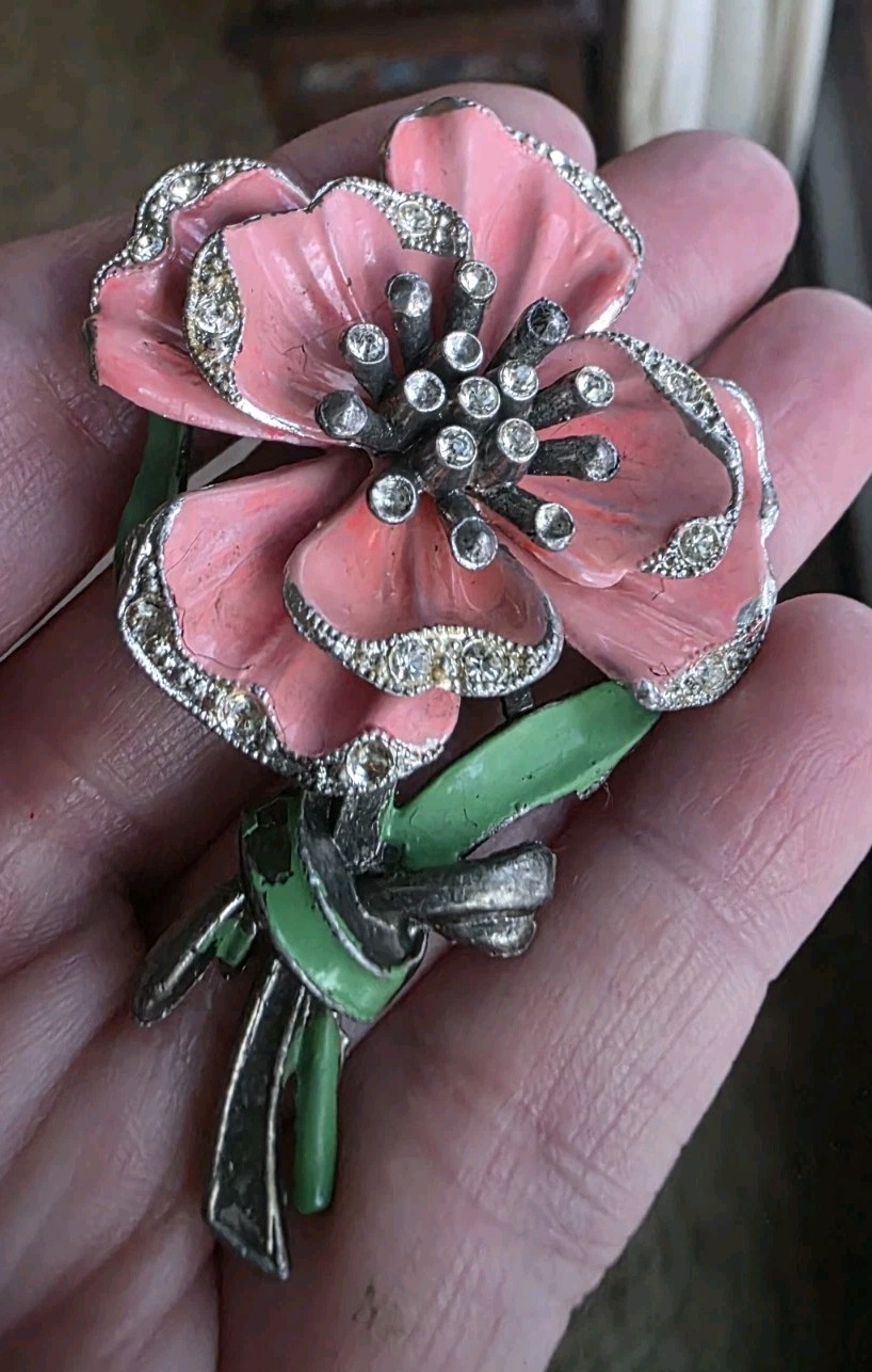 New England Glass Works Trembler Brooch Peach Flower Enamel Pot Metal
