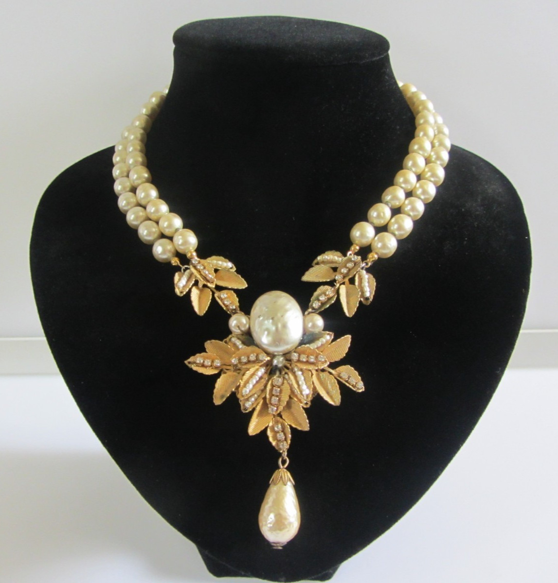 Vintage Signed Miriam Haskell Double Strand Pearl Necklace with Ornate Leaf Pend