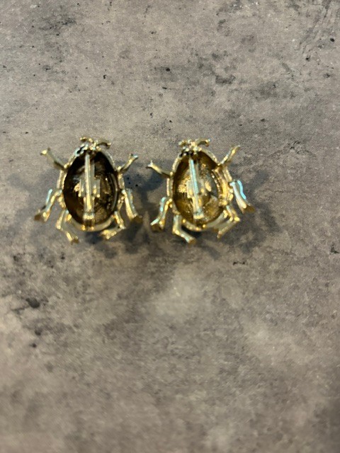 2 Egyptian Revival Beetle Brooch Gold Tone White Enamel Vintage Signed Gerrys