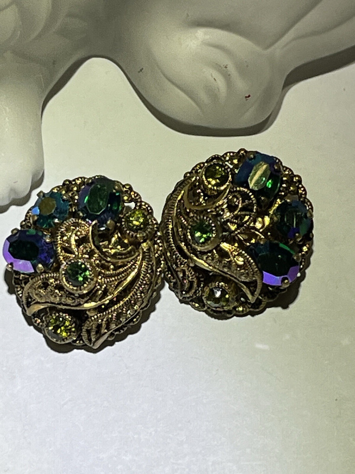 Blue Green Tones Clip On Rhinestone Earrings Aurora Borealis Finish GERMANY