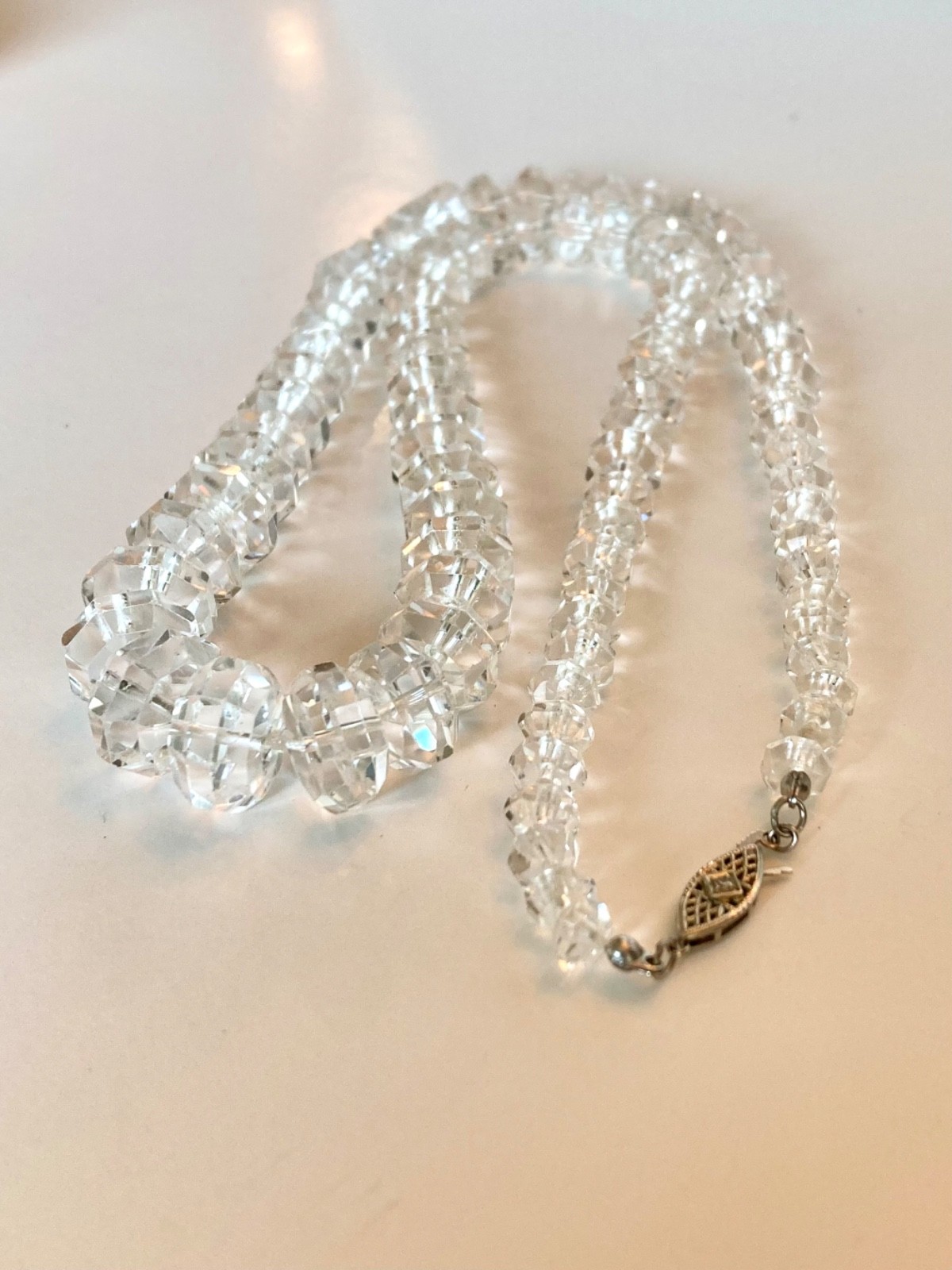 Art Deco Rock Crystal Graduated Hand Knotted 14k Diamond Clasp