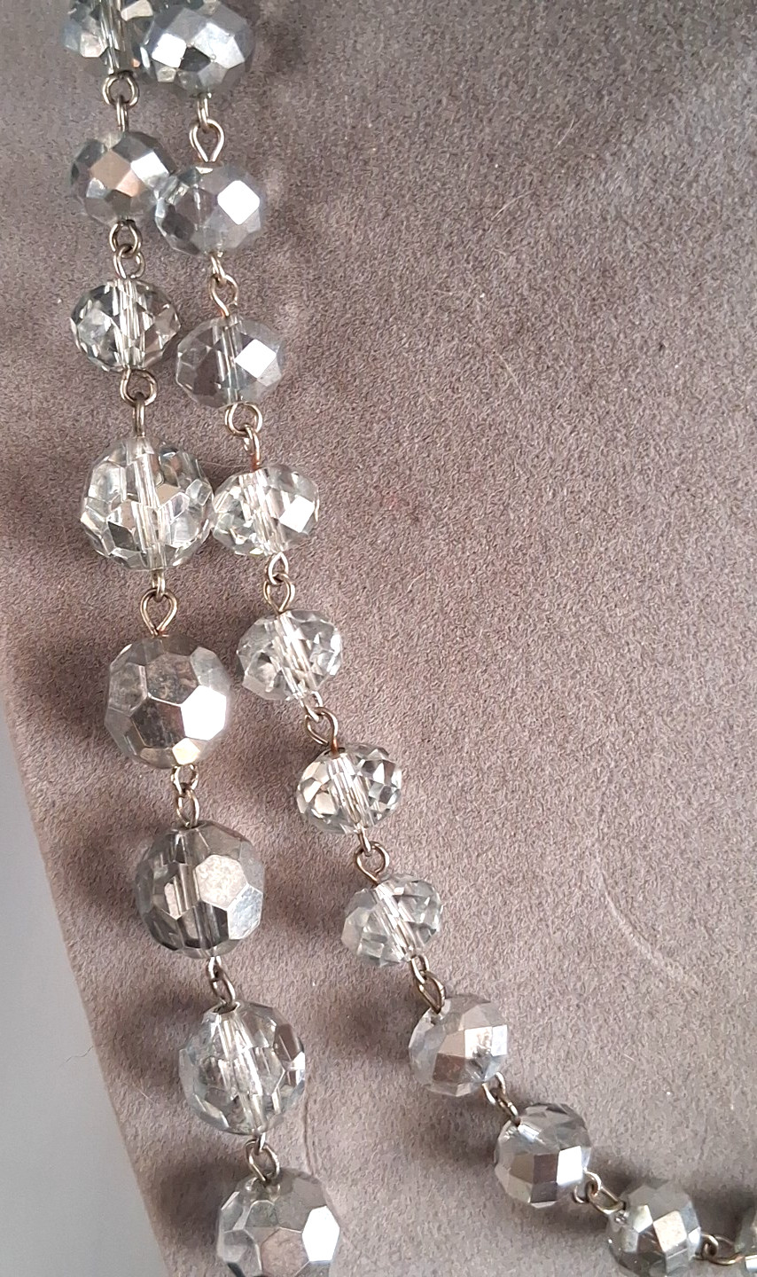 VINTAGE AB SILVER CLEAR FACETED CRYSTAL GLASS BEADED LONG NECKLACE 40″