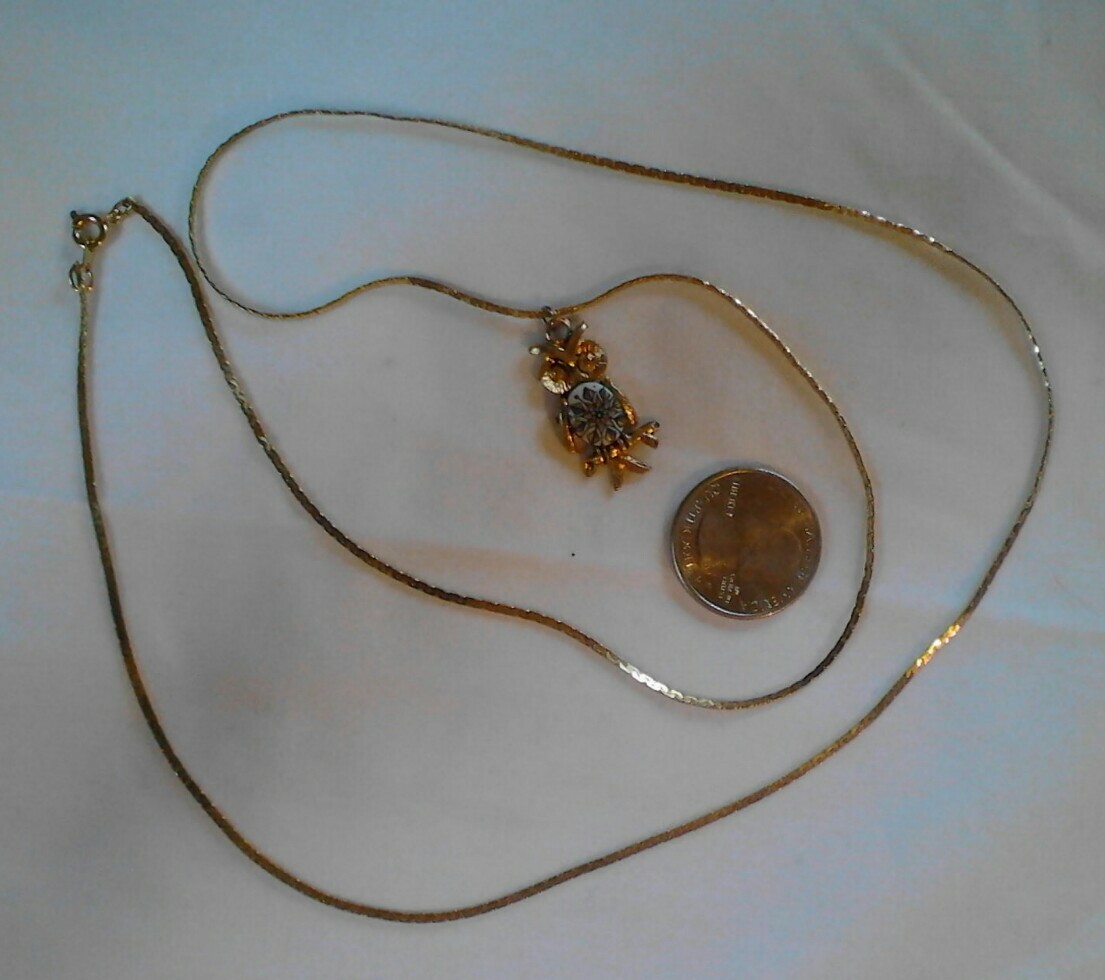 Vtg 1970’s Gold Plate Metal Milfori Flat Bead Owl Pendant Necklace
