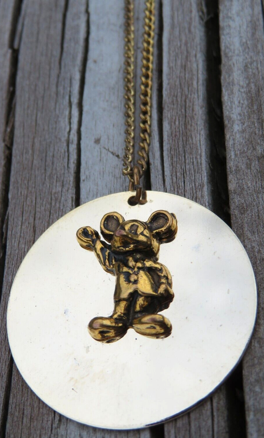 Vintage Walt Disney Micky Mouse Mirror Disc Pendant Charm Necklace Chain